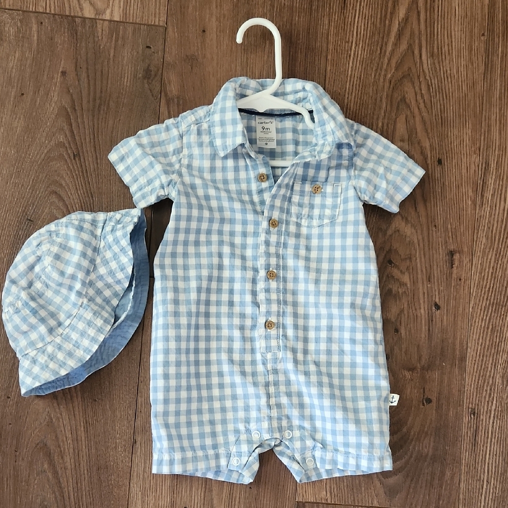 Blue Gingham Baby Romper with Hat